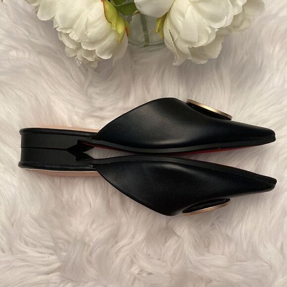 Riveted Black Gold Faux Leather Pointed Toe Flat Mules Shoes - Picture 8 of 15